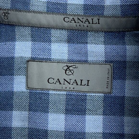 Canali Mens Size M Shirt Casual Button Front Gingham Cotton Blue Gray - Picture 12 of 16